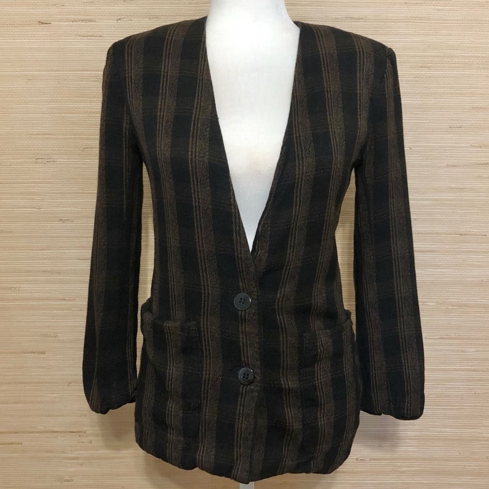 Haberdasher Brown Black Plaid Shoulder Pad Button Front Blazer Size 4